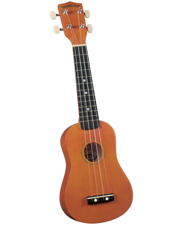 The image shows a Diamond Head soprano ukulele with a natural light brown wood finish. It features a classic figure-8 body with a central sound hole, a dark fretboard with position dots, four white tuning pegs, four strings, and a dark tie-bar bridge. The compact size and details suggest it is an entry-level instrument. The ukulele is photographed against a white background.