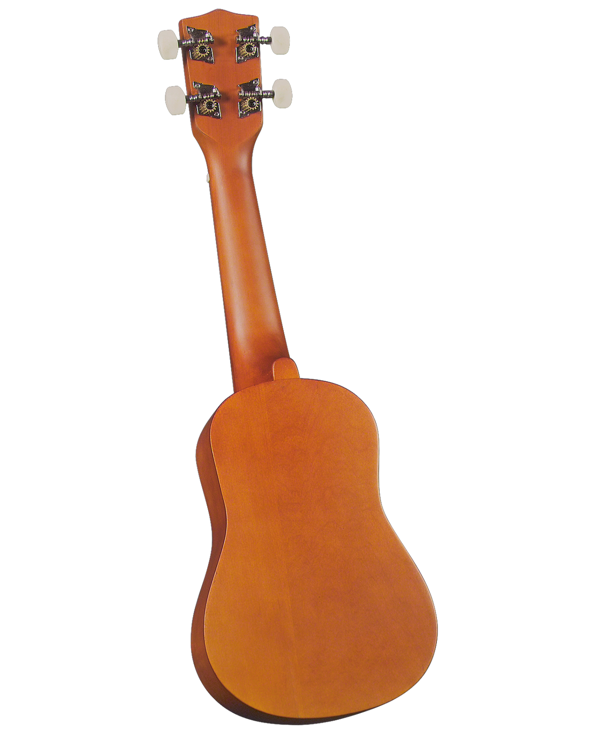 The image shows the back of a ukulele, a small four-stringed instrument with a warm, honey-colored wood finish and visible grain on the body and neck. The headstock features four cream-colored tuning buttons, two on each side, with decorative tuning machines. The ukulele has the classic figure-8 shape, crafted for strumming and fingerpicking in folk, Hawaiian, and contemporary music.