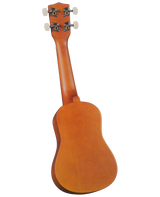 The image shows the back of a ukulele, a small four-stringed instrument with a warm, honey-colored wood finish and visible grain on the body and neck. The headstock features four cream-colored tuning buttons, two on each side, with decorative tuning machines. The ukulele has the classic figure-8 shape, crafted for strumming and fingerpicking in folk, Hawaiian, and contemporary music.