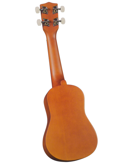 The image shows the back of a ukulele, a small four-stringed instrument with a warm, honey-colored wood finish and visible grain on the body and neck. The headstock features four cream-colored tuning buttons, two on each side, with decorative tuning machines. The ukulele has the classic figure-8 shape, crafted for strumming and fingerpicking in folk, Hawaiian, and contemporary music.