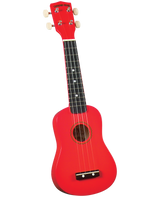 The image shows a bright red soprano ukulele with a dark fretboard, white dot markers, four cream-colored tuning pegs, and four strings. It has a circular sound hole, a small bridge, and "DIAMOND HEAD" branding on the headstock. This small, traditional ukulele is likely an entry-level instrument, known for its cheerful appearance and popularity among beginner players.