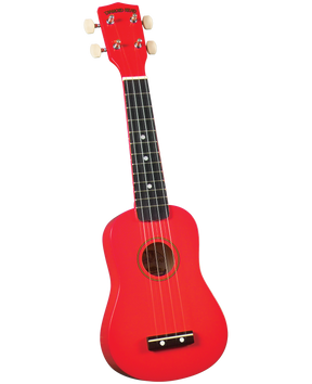 The image shows a bright red soprano ukulele with a dark fretboard, white dot markers, four cream-colored tuning pegs, and four strings. It has a circular sound hole, a small bridge, and "DIAMOND HEAD" branding on the headstock. This small, traditional ukulele is likely an entry-level instrument, known for its cheerful appearance and popularity among beginner players.
