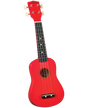 The image shows a bright red soprano ukulele with a dark fretboard, white dot markers, four cream-colored tuning pegs, and four strings. It has a circular sound hole, a small bridge, and "DIAMOND HEAD" branding on the headstock. This small, traditional ukulele is likely an entry-level instrument, known for its cheerful appearance and popularity among beginner players.