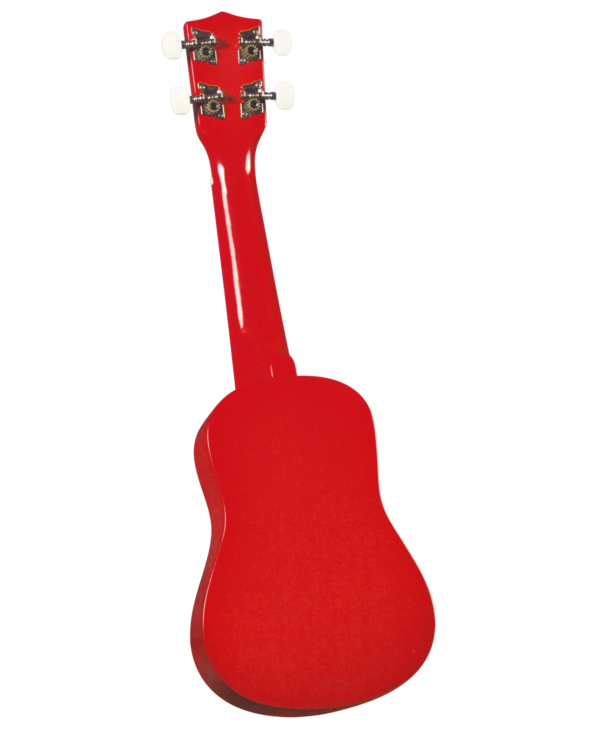 The image shows the back of a bright red ukulele with a glossy finish. It features four cream-colored tuning pegs on chrome machines, a small, compact body with a curved waist and rounded lower bout, creating its distinctive figure-8 shape. Based on its proportions, it is likely a concert or tenor ukulele, a popular Hawaiian string instrument known for its cheerful sound and beginner-friendly design.