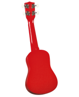 The image shows the back of a bright red ukulele with a glossy finish. It features four cream-colored tuning pegs on chrome machines, a small, compact body with a curved waist and rounded lower bout, creating its distinctive figure-8 shape. Based on its proportions, it is likely a concert or tenor ukulele, a popular Hawaiian string instrument known for its cheerful sound and beginner-friendly design.