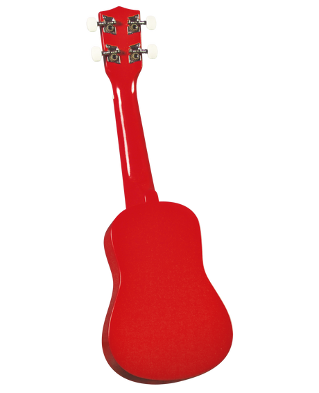 The image shows the back of a bright red ukulele with a glossy finish. It features four cream-colored tuning pegs on chrome machines, a small, compact body with a curved waist and rounded lower bout, creating its distinctive figure-8 shape. Based on its proportions, it is likely a concert or tenor ukulele, a popular Hawaiian string instrument known for its cheerful sound and beginner-friendly design.