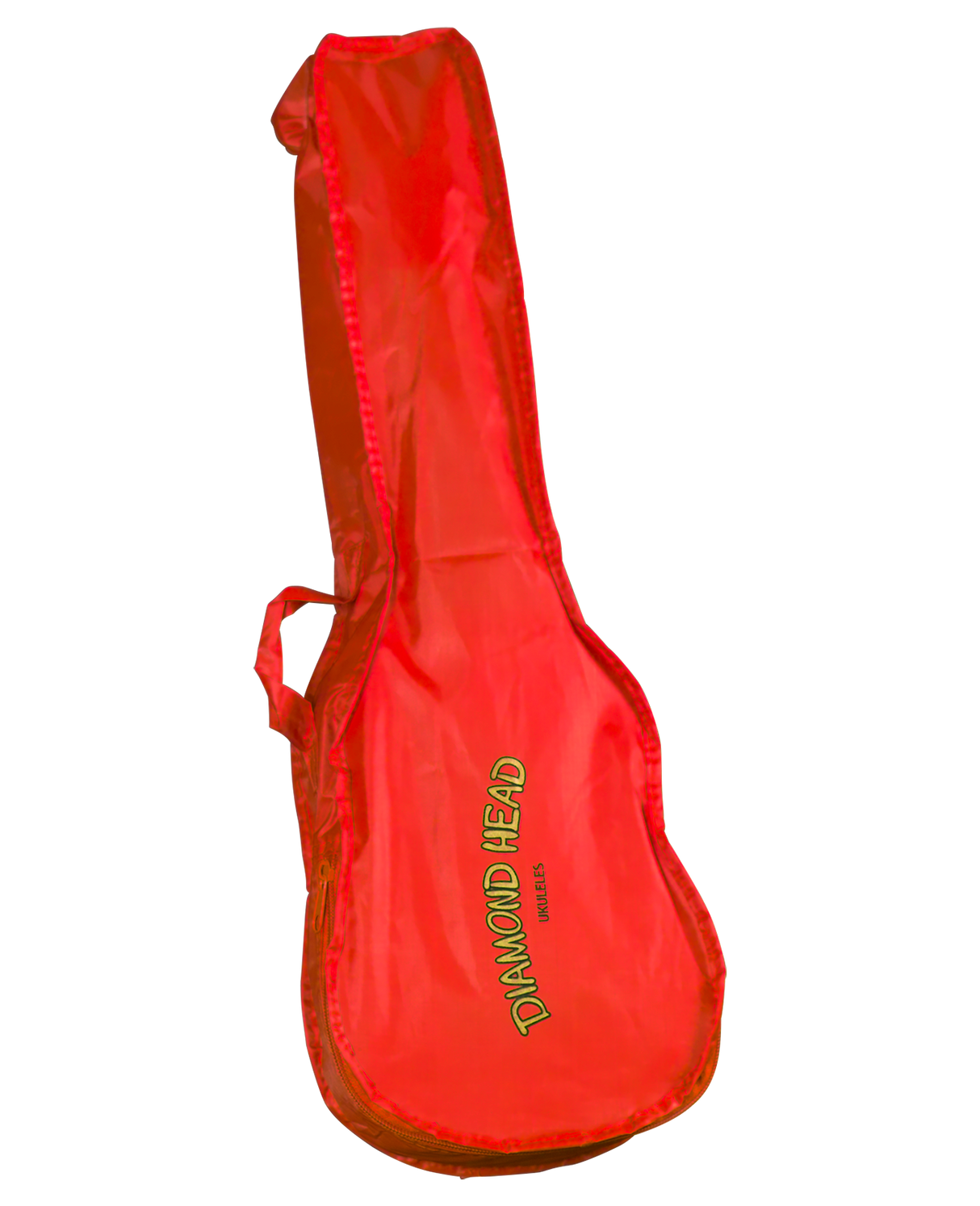 The image shows a bright red guitar gig bag shaped for an acoustic guitar, with a wider bottom and narrow neck section. It features yellow "DIAMOND HEAD" branding and "UKULELES" below, hinting at a Hawaiian music company. The soft case has a side handle and is made of durable fabric, likely nylon or canvas. Its vibrant color makes it easily noticeable among other musical gear.