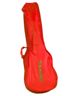 The image shows a bright red guitar gig bag shaped for an acoustic guitar, with a wider bottom and narrow neck section. It features yellow "DIAMOND HEAD" branding and "UKULELES" below, hinting at a Hawaiian music company. The soft case has a side handle and is made of durable fabric, likely nylon or canvas. Its vibrant color makes it easily noticeable among other musical gear.