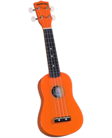 The image shows a bright orange soprano ukulele from the "Diamond Head" brand, as seen on the headstock. It features a traditional body shape with a sound hole, four strings, four tuning pegs with white buttons, and a dark fretboard with fret markers. The instrument has a vibrant finish and is likely designed for beginners or casual players, combining an eye-catching look with a cheerful, relaxed style.