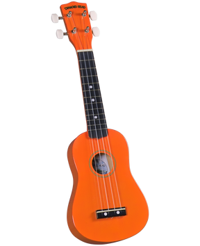 The image shows a bright orange soprano ukulele from the "Diamond Head" brand, as seen on the headstock. It features a traditional body shape with a sound hole, four strings, four tuning pegs with white buttons, and a dark fretboard with fret markers. The instrument has a vibrant finish and is likely designed for beginners or casual players, combining an eye-catching look with a cheerful, relaxed style.
