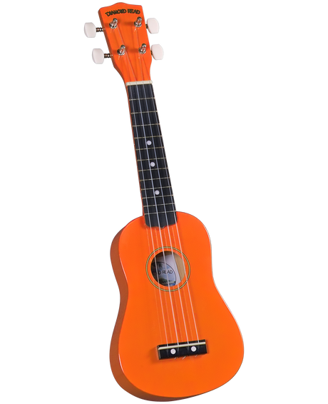 The image shows a bright orange soprano ukulele from the "Diamond Head" brand, as seen on the headstock. It features a traditional body shape with a sound hole, four strings, four tuning pegs with white buttons, and a dark fretboard with fret markers. The instrument has a vibrant finish and is likely designed for beginners or casual players, combining an eye-catching look with a cheerful, relaxed style.
