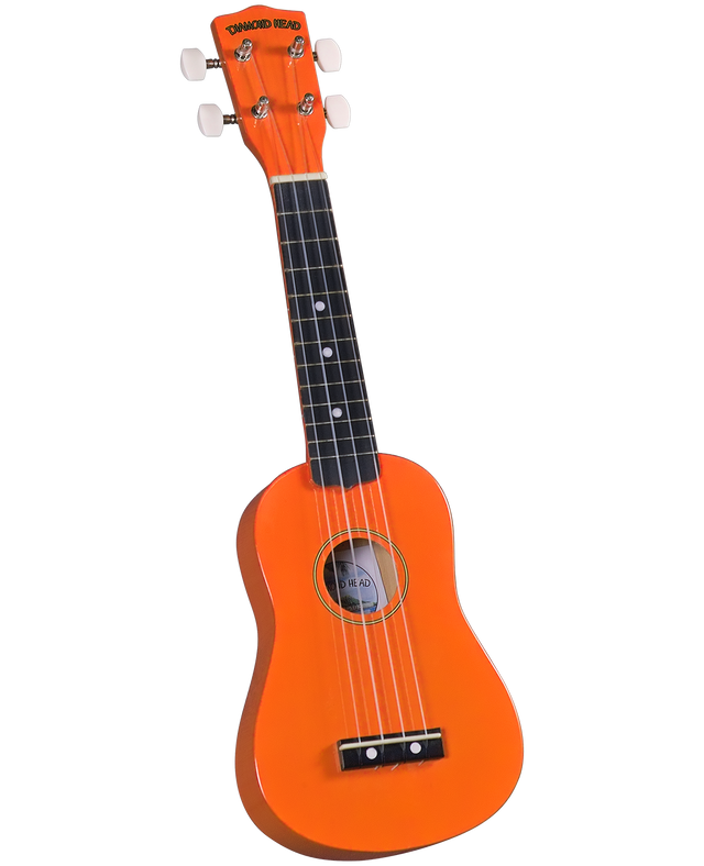The image shows a bright orange soprano ukulele from the "Diamond Head" brand, as seen on the headstock. It features a traditional body shape with a sound hole, four strings, four tuning pegs with white buttons, and a dark fretboard with fret markers. The instrument has a vibrant finish and is likely designed for beginners or casual players, combining an eye-catching look with a cheerful, relaxed style.