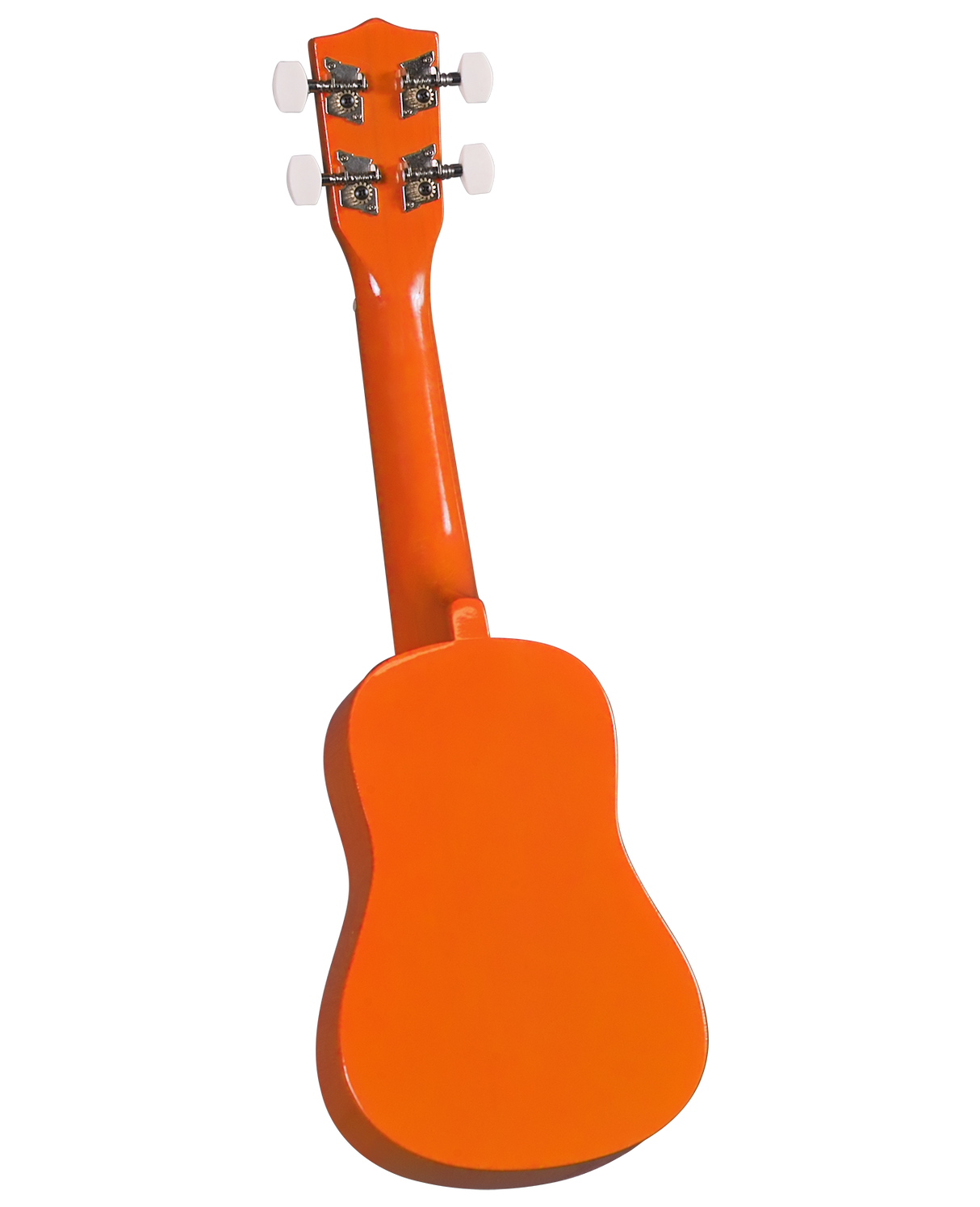 The image shows the back of a bright orange ukulele with a small, rounded body and a neck extending to the headstock. The headstock has four tuning pegs (two on each side) with white or cream-colored buttons and metal tuning mechanisms. The ukulele’s vibrant solid color and design suggest it may be an entry-level or novelty instrument.