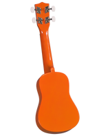 The image shows the back of a bright orange ukulele with a small, rounded body and a neck extending to the headstock. The headstock has four tuning pegs (two on each side) with white or cream-colored buttons and metal tuning mechanisms. The ukulele’s vibrant solid color and design suggest it may be an entry-level or novelty instrument.