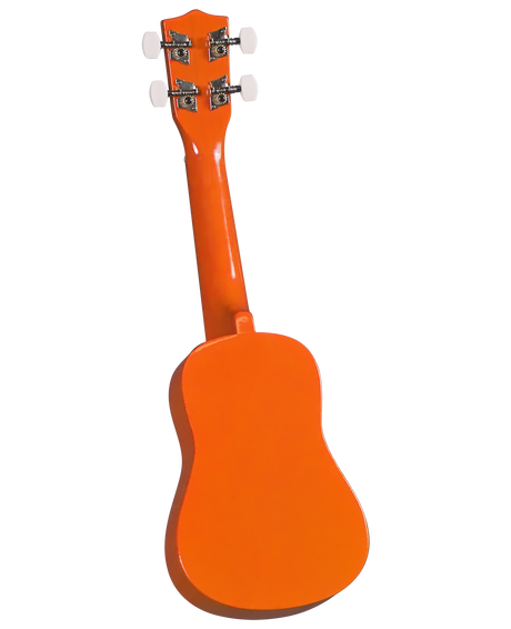 The image shows the back of a bright orange ukulele with a small, rounded body and a neck extending to the headstock. The headstock has four tuning pegs (two on each side) with white or cream-colored buttons and metal tuning mechanisms. The ukulele’s vibrant solid color and design suggest it may be an entry-level or novelty instrument.