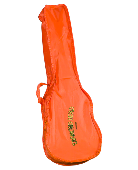 The image shows a bright orange padded ukulele gig bag with the "DIAMOND HEAD UKULELES" logo on the front. It features a soft, lightweight design with a carrying handle on the side and a compact shape matching a ukulele’s small size. This branded case offers basic protection and easy portability, ideal for transporting a ukulele safely.
