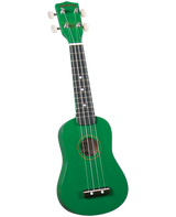 The image shows a bright green soprano or concert ukulele with a small guitar-like body. It has four strings, four white tuning pegs, a dark fretboard with white dot markers, and a black bridge. The headstock features the "DIAMOND HEAD" branding. The sound hole is centered on the body. This vibrant, eye-catching ukulele is typical of beginner-friendly instruments.