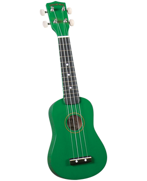 The image shows a bright green soprano or concert ukulele with a small guitar-like body. It has four strings, four white tuning pegs, a dark fretboard with white dot markers, and a black bridge. The headstock features the "DIAMOND HEAD" branding. The sound hole is centered on the body. This vibrant, eye-catching ukulele is typical of beginner-friendly instruments.
