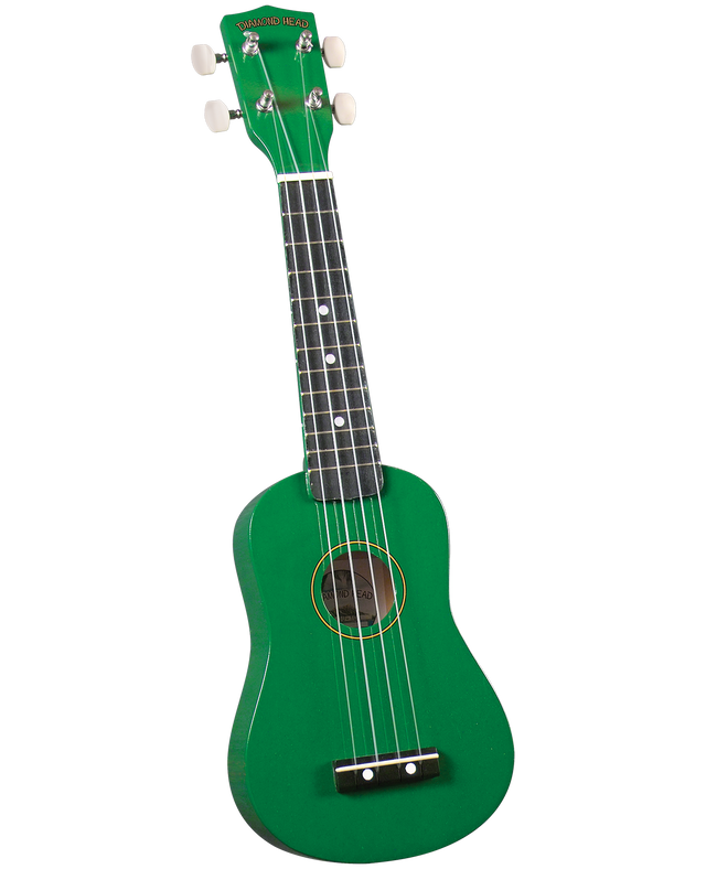 The image shows a bright green soprano or concert ukulele with a small guitar-like body. It has four strings, four white tuning pegs, a dark fretboard with white dot markers, and a black bridge. The headstock features the "DIAMOND HEAD" branding. The sound hole is centered on the body. This vibrant, eye-catching ukulele is typical of beginner-friendly instruments.