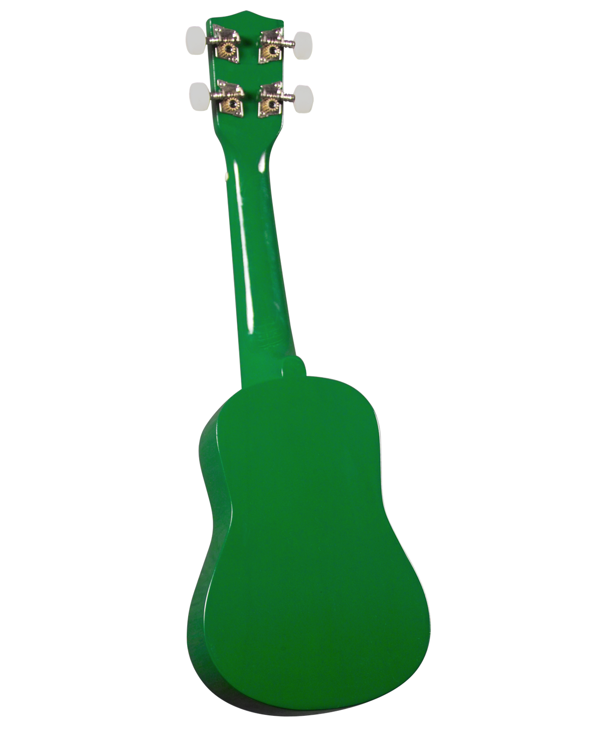 The image shows a vibrant green ukulele viewed from the back. It features a classic small body with a narrow neck and four tuning pegs with white buttons and gold/brass hardware. The glossy finish makes it bright and eye-catching. Based on its size and design, it appears to be a concert or tenor ukulele, likely with laminate construction, suitable as an affordable or novelty instrument.