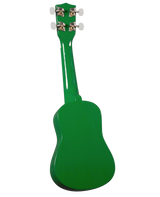 The image shows a vibrant green ukulele viewed from the back. It features a classic small body with a narrow neck and four tuning pegs with white buttons and gold/brass hardware. The glossy finish makes it bright and eye-catching. Based on its size and design, it appears to be a concert or tenor ukulele, likely with laminate construction, suitable as an affordable or novelty instrument.