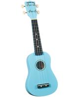 The image shows a light blue/turquoise Diamond Head ukulele with a dark fretboard featuring white fret markers. It has four strings, four tuning pegs with cream buttons, a central sound hole with decorative rings, and a black bridge. The instrument has a classic soprano or concert size shape, offering a vibrant and appealing look typical of beginner to intermediate ukuleles.