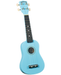 The image shows a light blue/turquoise Diamond Head ukulele with a dark fretboard featuring white fret markers. It has four strings, four tuning pegs with cream buttons, a central sound hole with decorative rings, and a black bridge. The instrument has a classic soprano or concert size shape, offering a vibrant and appealing look typical of beginner to intermediate ukuleles.