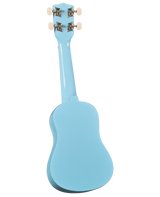 The image shows the back of a soprano or concert-sized ukulele with a light blue, glossy finish. It features a small, figure-eight-shaped body and a headstock with four tuning pegs that have white buttons and gold-colored machine heads. The compact design and vibrant color suggest a modern style. The ukulele is photographed against a plain white background, typical of product or catalog images.