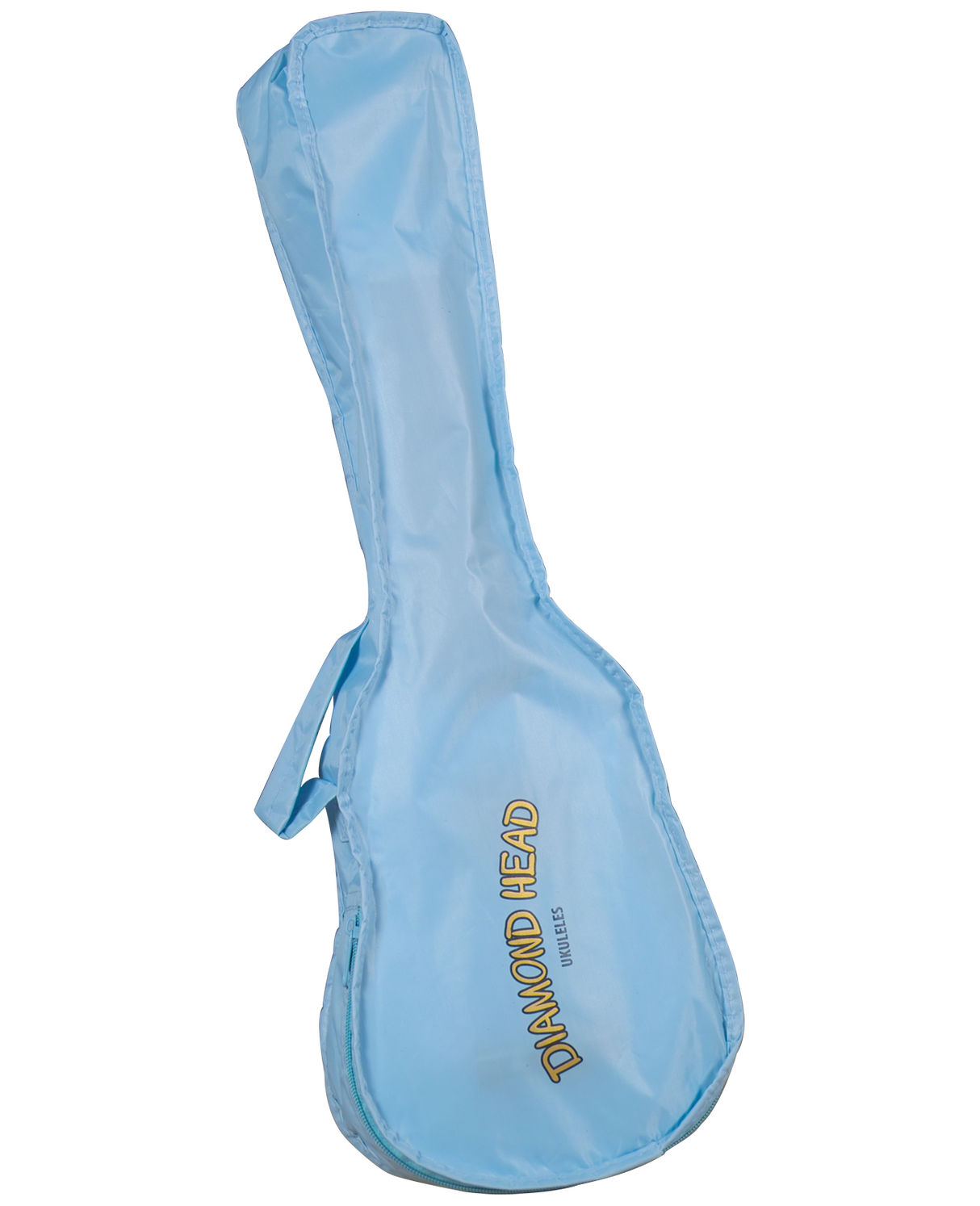 The image shows a light blue padded gig bag from Diamond Head with "UKULELES" printed below the brand name. The soft case features a guitar-shaped design with a handle on the side and zipper closures. It is designed to protect and transport string instruments, likely a ukulele or small guitar, offering lightweight and affordable protection compared to hard cases.