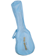 The image shows a light blue padded gig bag from Diamond Head with "UKULELES" printed below the brand name. The soft case features a guitar-shaped design with a handle on the side and zipper closures. It is designed to protect and transport string instruments, likely a ukulele or small guitar, offering lightweight and affordable protection compared to hard cases.