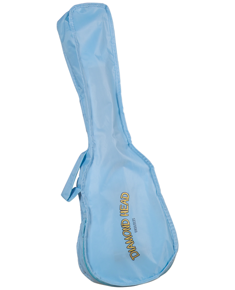 The image shows a light blue padded gig bag from Diamond Head with "UKULELES" printed below the brand name. The soft case features a guitar-shaped design with a handle on the side and zipper closures. It is designed to protect and transport string instruments, likely a ukulele or small guitar, offering lightweight and affordable protection compared to hard cases.