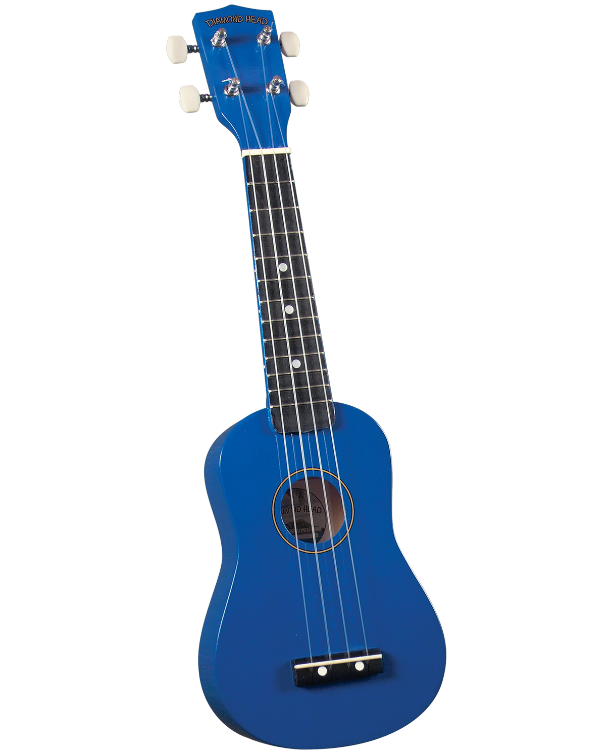 The image shows a bright blue ukulele, likely a soprano or concert size, with a traditional body shape and sound hole. It has four strings, a dark fretboard with white markers, and four tuning pegs with white knobs. The headstock displays the Diamond Head brand. The simple, clean design suggests it’s suitable for beginners, and its vibrant color makes it visually appealing, especially for younger players.