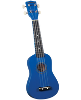 The image shows a bright blue ukulele, likely a soprano or concert size, with a traditional body shape and sound hole. It has four strings, a dark fretboard with white markers, and four tuning pegs with white knobs. The headstock displays the Diamond Head brand. The simple, clean design suggests it’s suitable for beginners, and its vibrant color makes it visually appealing, especially for younger players.