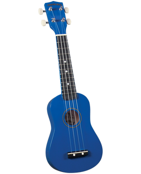 The image shows a bright blue ukulele, likely a soprano or concert size, with a traditional body shape and sound hole. It has four strings, a dark fretboard with white markers, and four tuning pegs with white knobs. The headstock displays the Diamond Head brand. The simple, clean design suggests it’s suitable for beginners, and its vibrant color makes it visually appealing, especially for younger players.