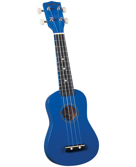 The image shows a bright blue ukulele, likely a soprano or concert size, with a traditional body shape and sound hole. It has four strings, a dark fretboard with white markers, and four tuning pegs with white knobs. The headstock displays the Diamond Head brand. The simple, clean design suggests it’s suitable for beginners, and its vibrant color makes it visually appealing, especially for younger players.