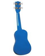 The image shows a bright blue ukulele viewed from the back. It has the typical small guitar-like body with a rounded lower bout and narrower upper bout. The headstock features four tuning pegs, two on each side, with white or cream-colored buttons and decorative metal plates. The ukulele has a glossy finish and appears to be a concert or tenor size.