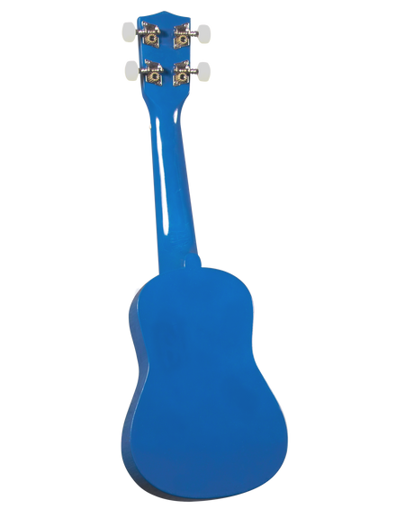 The image shows a bright blue ukulele viewed from the back. It has the typical small guitar-like body with a rounded lower bout and narrower upper bout. The headstock features four tuning pegs, two on each side, with white or cream-colored buttons and decorative metal plates. The ukulele has a glossy finish and appears to be a concert or tenor size.