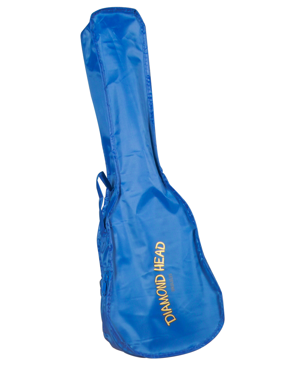 The image shows a blue Diamond Head guitar gig bag made of durable synthetic material. It features yellow/gold "DIAMOND HEAD" branding, a carrying handle, and likely padded interior for protection. This soft case offers lightweight, portable storage and usually includes shoulder straps and exterior pockets for accessories like picks, strings, and cables.