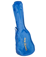 The image shows a blue Diamond Head guitar gig bag made of durable synthetic material. It features yellow/gold "DIAMOND HEAD" branding, a carrying handle, and likely padded interior for protection. This soft case offers lightweight, portable storage and usually includes shoulder straps and exterior pockets for accessories like picks, strings, and cables.