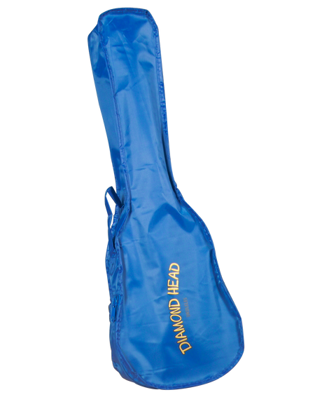 The image shows a blue Diamond Head guitar gig bag made of durable synthetic material. It features yellow/gold "DIAMOND HEAD" branding, a carrying handle, and likely padded interior for protection. This soft case offers lightweight, portable storage and usually includes shoulder straps and exterior pockets for accessories like picks, strings, and cables.