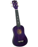 The image shows a soprano ukulele by Diamond Head with a vibrant purple body and headstock. It has four strings, white tuning pegs, a dark fretboard with white dot markers, a traditional figure-8 shape, and a sound hole. The bridge is at the bottom. This entry-level ukulele combines classic features with a fun color, ideal for beginners and casual playing.