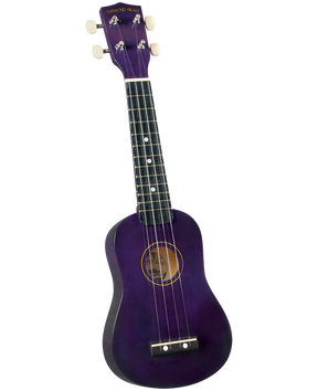 The image shows a soprano ukulele by Diamond Head with a vibrant purple body and headstock. It has four strings, white tuning pegs, a dark fretboard with white dot markers, a traditional figure-8 shape, and a sound hole. The bridge is at the bottom. This entry-level ukulele combines classic features with a fun color, ideal for beginners and casual playing.