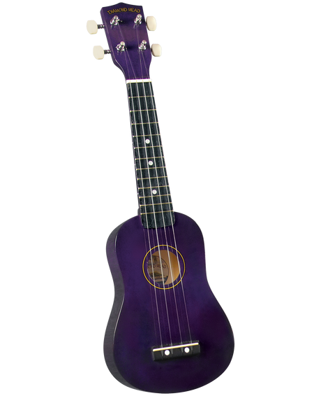 The image shows a soprano ukulele by Diamond Head with a vibrant purple body and headstock. It has four strings, white tuning pegs, a dark fretboard with white dot markers, a traditional figure-8 shape, and a sound hole. The bridge is at the bottom. This entry-level ukulele combines classic features with a fun color, ideal for beginners and casual playing.