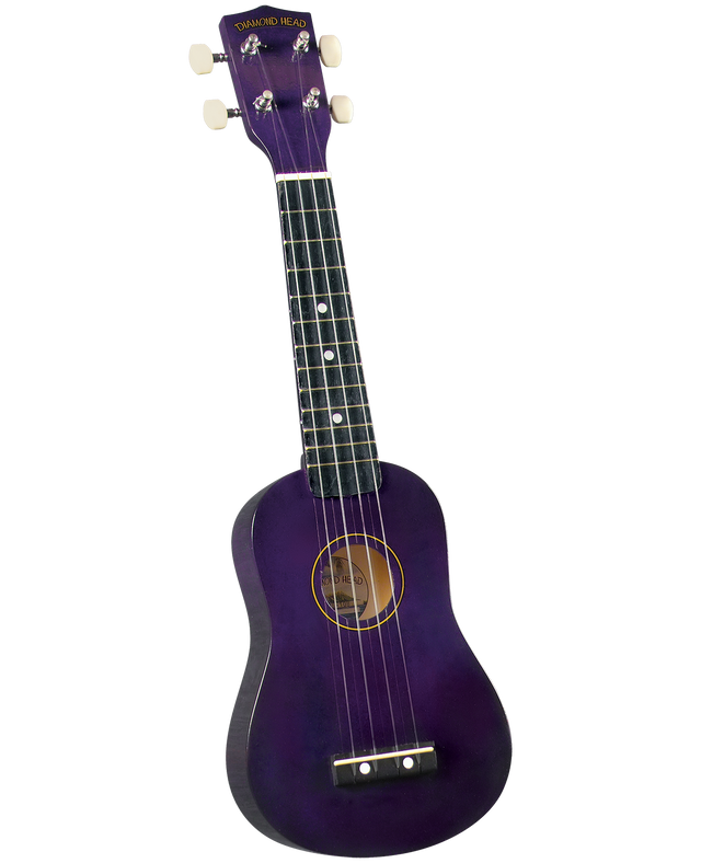 The image shows a soprano ukulele by Diamond Head with a vibrant purple body and headstock. It has four strings, white tuning pegs, a dark fretboard with white dot markers, a traditional figure-8 shape, and a sound hole. The bridge is at the bottom. This entry-level ukulele combines classic features with a fun color, ideal for beginners and casual playing.