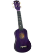 The image shows a soprano ukulele by Diamond Head with a vibrant purple body and headstock. It has four strings, white tuning pegs, a dark fretboard with white dot markers, a traditional figure-8 shape, and a sound hole. The bridge is at the bottom. This entry-level ukulele combines classic features with a fun color, ideal for beginners and casual playing.