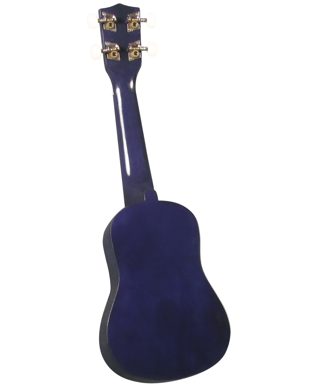 The image shows the back of a deep blue ukulele with four ornate tuning pegs on the headstock. It has a small, compact body with a traditional acoustic guitar-like figure-8 shape. The glossy finish on the body and neck appears clean and professional, set against a white background, suggesting a manufactured string instrument, likely intended for retail or catalog display.