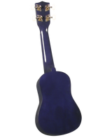 The image shows the back of a deep blue ukulele with four ornate tuning pegs on the headstock. It has a small, compact body with a traditional acoustic guitar-like figure-8 shape. The glossy finish on the body and neck appears clean and professional, set against a white background, suggesting a manufactured string instrument, likely intended for retail or catalog display.