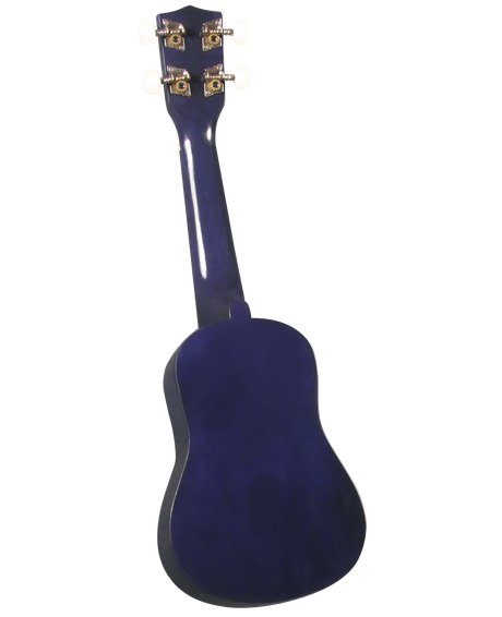 The image shows the back of a deep blue ukulele with four ornate tuning pegs on the headstock. It has a small, compact body with a traditional acoustic guitar-like figure-8 shape. The glossy finish on the body and neck appears clean and professional, set against a white background, suggesting a manufactured string instrument, likely intended for retail or catalog display.