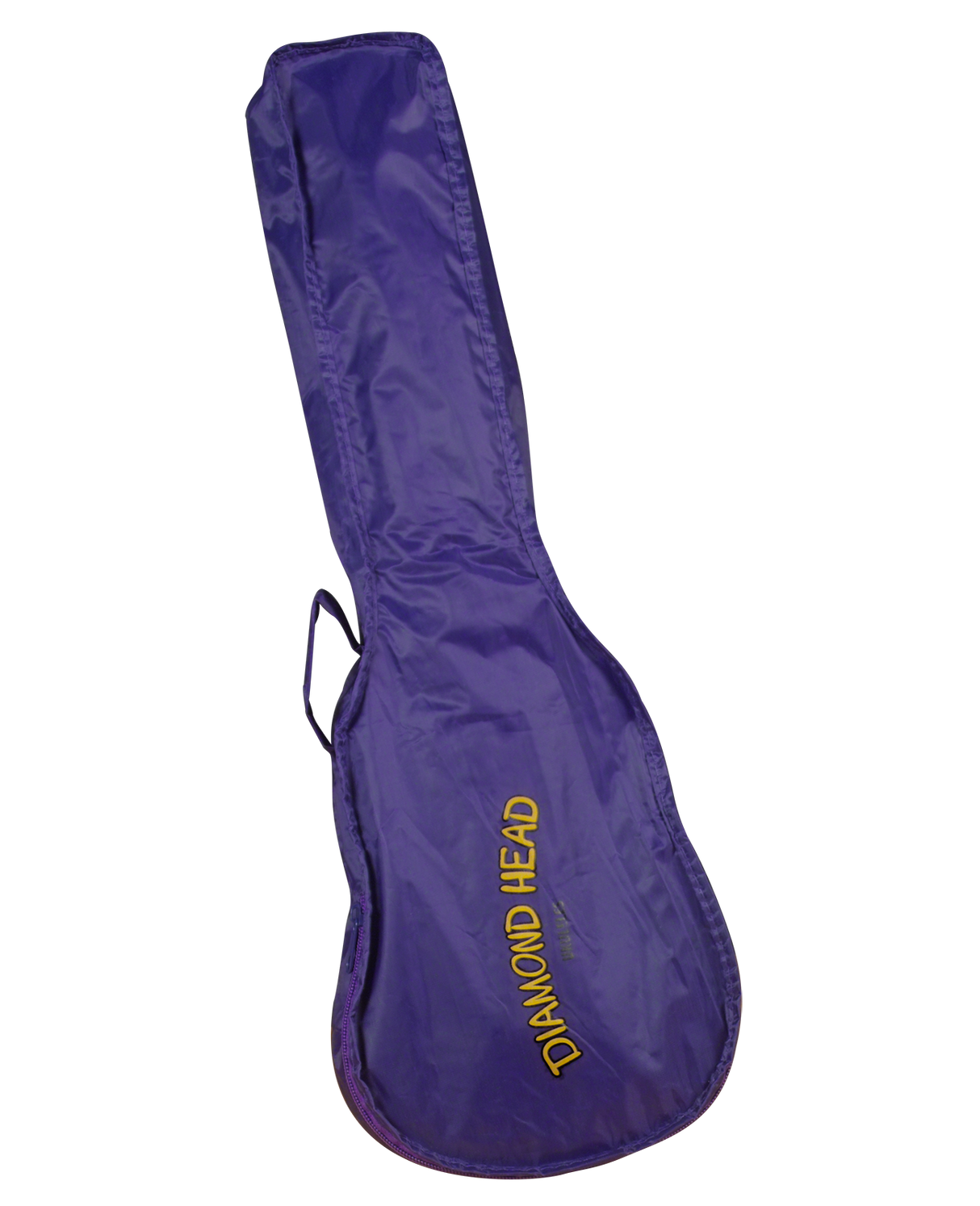 The image shows a purple guitar gig bag made of durable nylon with a zipper closure and a side carrying handle. "DIAMOND HEAD" is printed in yellow along the side. This soft case offers lightweight, affordable protection for transporting guitars, making it a popular choice among musicians for portability compared to hard cases.