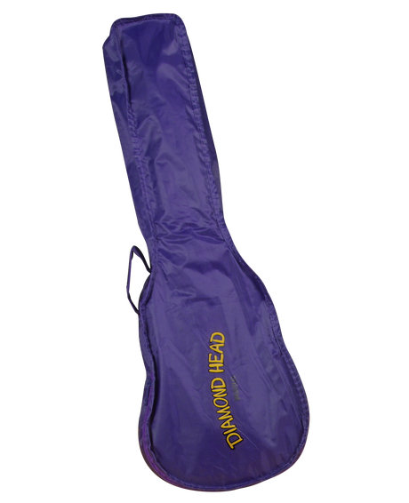The image shows a purple guitar gig bag made of durable nylon with a zipper closure and a side carrying handle. "DIAMOND HEAD" is printed in yellow along the side. This soft case offers lightweight, affordable protection for transporting guitars, making it a popular choice among musicians for portability compared to hard cases.